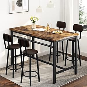   Lamerge-Bar-Table-and-Chairs-Set-Industrial-Wood-Kitchen-Dining-Table-Space-Saving-Breakfast-Bar-Table-Counter-Height-Pub-Table-with-4-PU-Upholstered-Chairs-with-Backrest-5-Pieces-Home-Kitchen-Set