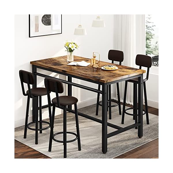   Lamerge-Bar-Table-and-Chairs-Set-Industrial-Wood-Kitchen-Dining-Table-Space-Saving-Breakfast-Bar-Table-Counter-Height-Pub-Table-with-4-PU-Upholstered-Chairs-with-Backrest-5-Pieces-Home-Kitchen-Set