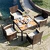   JAMFLY-5-Pieces-Outdoor-Patio-Dining-Set-Wicker-Patio-Furniture-Set-with-Wood-Table-and-4-Chairs-with-Soft-Cushions-for-Yard-Garden-Porch-and-Poolside-Brown