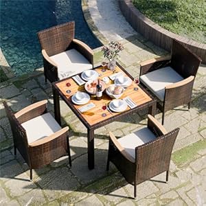   JAMFLY-5-Pieces-Outdoor-Patio-Dining-Set-Wicker-Patio-Furniture-Set-with-Wood-Table-and-4-Chairs-with-Soft-Cushions-for-Yard-Garden-Porch-and-Poolside-Brown