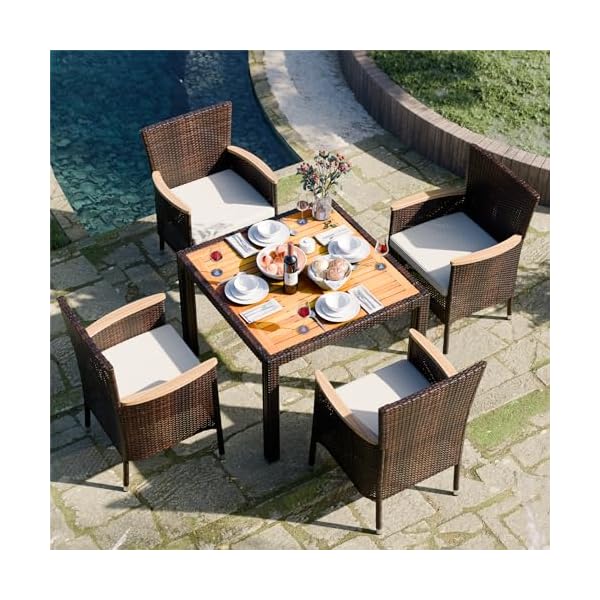   JAMFLY-5-Pieces-Outdoor-Patio-Dining-Set-Wicker-Patio-Furniture-Set-with-Wood-Table-and-4-Chairs-with-Soft-Cushions-for-Yard-Garden-Porch-and-Poolside-Brown