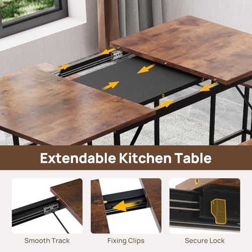 5-Piece-Dining-Table-Set-for-4-6-63-Extendable-Dining-Room-Table-with-2-Benches-2-Stools-Farmhouse-Kitchen-Table-and-Chairs-with-Metal-Frame-MDF-BoardSpace-Saving-Rustic-Brown 5 Piece Dining Table Set for 4 6 63 Extendable Dining Room Table with 2 Benches 2 Stools Farmhouse Kitchen Table and Chairs with Metal Frame MDF BoardSpace Saving Rustic Brown