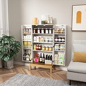 45'' Storage Cabinet with Doors and Adjustable Shelves,Food Pantry Cabinet for Kitchen,Dining Room,Living Room and Garage,Gold Lines and Legs, White. 45 Storage Cabinet with Doors and Adjustable ShelvesFood Pantry Cabinet for KitchenDining RoomLiving Room and GarageGold Lines and Legs White
