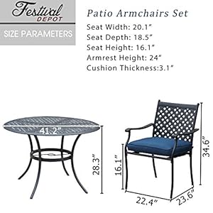 Festival Depot 5 Piece Patio Dining Set Metal Chairs with Seat Cushions and Round Iron Table with Umbrella Hole All Weather Outdoor Furniture for Bistro Deck Garden (Blue) Festival Depot 5 Piece Patio Dining Set Metal Chairs with Seat Cushions and Round Iron Table with Umbrella Hole All Weather Outdoor Furniture for Bistro Deck Garden Blue