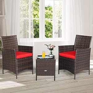 RELAX4LIFE 3 Pieces Patio Rattan Furniture Set with Glass Coffee Table Cushions Outdoor Conversation Set for Poolside Balcony Backyard Lawn Porch 3 Pieces PE Rattan Patio Set Red