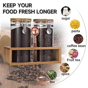 Glass Coffee Storage Container with Bamboo Shelf 2PCS 49oz Airtight Sealed Coffee Bean Jar with Clamp Lid Measuring Spoon Kitchen Pantry Canister Set for Ground Coffee Sugar Tea Flour