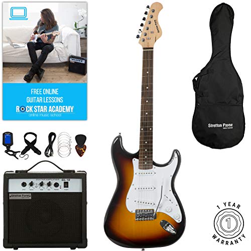 Stretton Payne ST Guitare électrique avec amplificateur d’entraînement, sac rembourré, sangle, corde, médiators, accordeur, cordes de rechange Guitare au soleil - Les Beatles, Paul McCartney, John Lennon, RIngo Starr, George Harrison Stretton Payne ST Guitare électrique avec amplificateur d'entraînement, sac rembourré, sangle, corde, médiators, accordeur, cordes de rechange Guitare au soleil