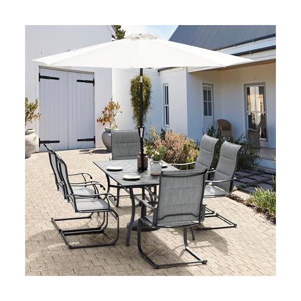   NUU-GARDEN-7-Piece-Outdoor-Dining-Set-6-All-Weather-Padded-Textilene-Patio-Chairs-and-61-Rectangular-Dining-Table-with-177-Umbrella-Hole-for-Garden-Patio-Light-Grey-and-Black