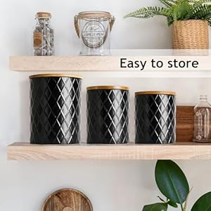 MIAMIO–Set of 3 Canister Sets for Kitchen Counter Ceramic Kitchen Canister Set with Airtight Seal Wooden Lid Perfect for Coffee Tea Sugar Flour Tea Salt and More Black