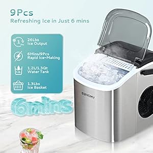 EUHOMY Countertop Ice Maker Machine with Handle 26lbs Per Day 9 Ice Cubes Ready in 6 Mins Auto Cleaning Portable Ice Maker with Basket and Scoop for HomeKitchenCampingRV Silver
