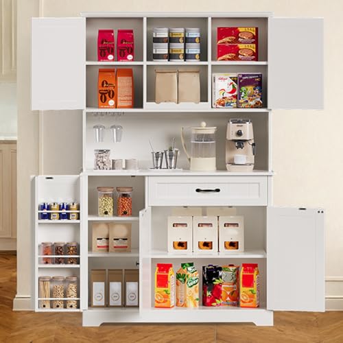 Gizoon-67-Kitchen-Pantry-Cabinet-with-Microwave-Shelf-Tall-Coffee-Bar-Cabinet-with-Doors-and-Shelves-Farmhouse-Kitchen-Hutch-Cabinet-with-Storage-for-Kitchen-Bathroom-and-Living-Room-White Gizoon 67 Kitchen Pantry Cabinet with Microwave Shelf Tall Coffee Bar Cabinet with Doors and Shelves Farmhouse Kitchen Hutch Cabinet with Storage for Kitchen Bathroom and Living Room White