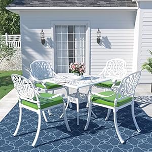 MEETWARM 5 Piece Outdoor Patio Dining Set All Weather Cast Aluminum Patio Conversation Set for Backyard Garden Deck with 4 Chairs 4 Cushions and 354 Square Table White