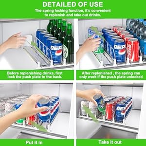 Upgraded drink organizer for fridge space saving soda dispenser for refrigerator automatic pusher glide and adjustable width can organizer for refrigerator holds 25 cans 5 rows white  urban country home decor