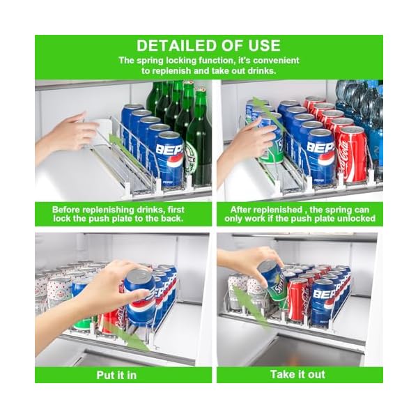 Upgraded drink organizer for fridge space saving soda dispenser for refrigerator automatic pusher glide and adjustable width can organizer for refrigerator holds 25 cans 5 rows white  urban country home decor