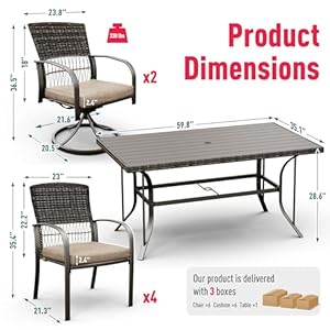 Pamapic 7 Piece Patio Dining Set for 6Outdoor Wicker Furniture Set for Backyard Garden Deck Poolside with 4 Dining Chairs and 2 Swivel RockersIron Slats Table Top Removable CushionsBeige