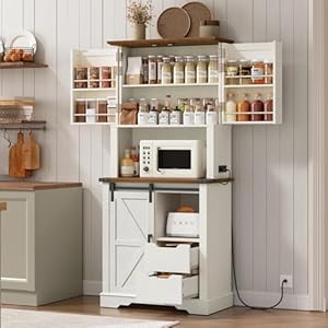   Farmhouse-Pantry-Cabinet-with-Charging-Station-Kitchen-Pantry-with-2-Drawers-Sliding-Barn-Door-Tall-Wooden-Storage-Cabinet-Cupboard-for-Dining-Room-Living-Room-White-and-Walnut