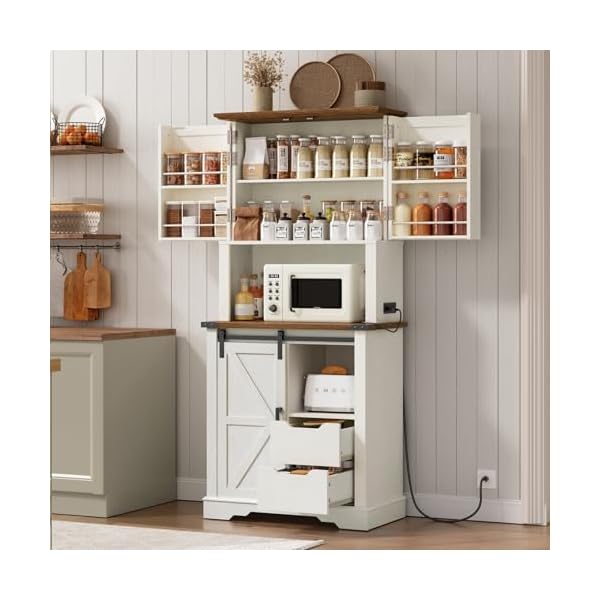  Farmhouse-Pantry-Cabinet-with-Charging-Station-Kitchen-Pantry-with-2-Drawers-Sliding-Barn-Door-Tall-Wooden-Storage-Cabinet-Cupboard-for-Dining-Room-Living-Room-White-and-Walnut