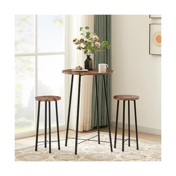 Vecelo small bar table and chairs round bistro sets with 2 barstools 3 piece pub dining furniture counter height wood top for breakfast dinner coffee nap conference easy assembly brown  urban country home decor