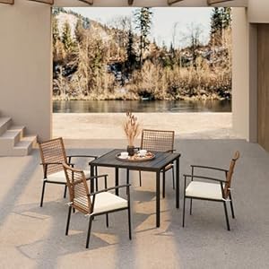 LAUSAINT HOME 5 Pieces Outdoor Patio Dining Set Wicker Patio Furniture Set of 4 Chairs with Soft Cushion and Square Table with Umbrella Hole Conversation Set for Backyard Garden and Poolside