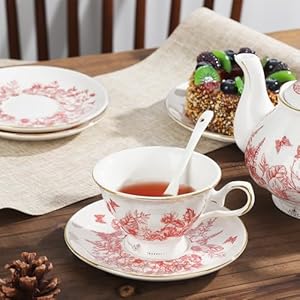 fanquare Vintage Porcelain Tea Set with Holder 22 Piece Red Floral New Bone China Tea Coffee Gift Sets for Wedding Birthday 6 Tea Cup and Saucers for Women Tea Party