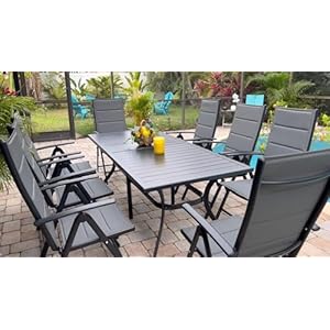 PURPLE LEAF 9 Pieces Outdoor Patio Dining Set with 8 Folding Portable Chairs and 1 Rectangle Aluminum Table Foldable Adjustable High Back Reclining Chairs with Soft Cotton Padded Seat Grey