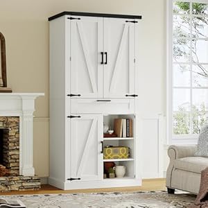 71" Tall Kitchen Pantry Cabinet, Farmhouse Storage Cabinet with Barn Doors, Pantry Cabinet, 6 Hanging Shelves, 1 Drawer & Adjustable Shelves, Cupboard for Kitchen, Dinging Room, White 71 Tall Kitchen Pantry Cabinet Farmhouse Storage Cabinet with Barn Doors Pantry Cabinet 6 Hanging Shelves 1 Drawer Adjustable Shelves Cupboard for Kitchen Dinging Room White