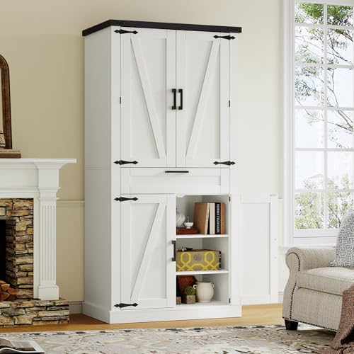 71-Tall-Kitchen-Pantry-Cabinet-Farmhouse-Storage-Cabinet-with-Barn-Doors-Pantry-Cabinet-6-Hanging-Shelves-1-Drawer-Adjustable-Shelves-Cupboard-for-Kitchen-Dinging-Room-White 71 Tall Kitchen Pantry Cabinet Farmhouse Storage Cabinet with Barn Doors Pantry Cabinet 6 Hanging Shelves 1 Drawer Adjustable Shelves Cupboard for Kitchen Dinging Room White