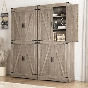 71 Tall Kitchen PantryFarmhouse Storage Cabinet with Adjustable ShelvesLoad Bearing Steel PipeFarmhouse Pantry Cabinet with 4 Barn Doorsfor KitchenDining RoomLiving RoomLight Rustic Oak