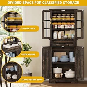 DWVO Kitchen Pantry Cabinets 71 Tall Farmhouse Kitchen Storage Cabinets with Galss Doors–Adjustable Shelves Rustic Woods American Heavy Kitchen Cabinet for Kitchen Dark Rustic Oak