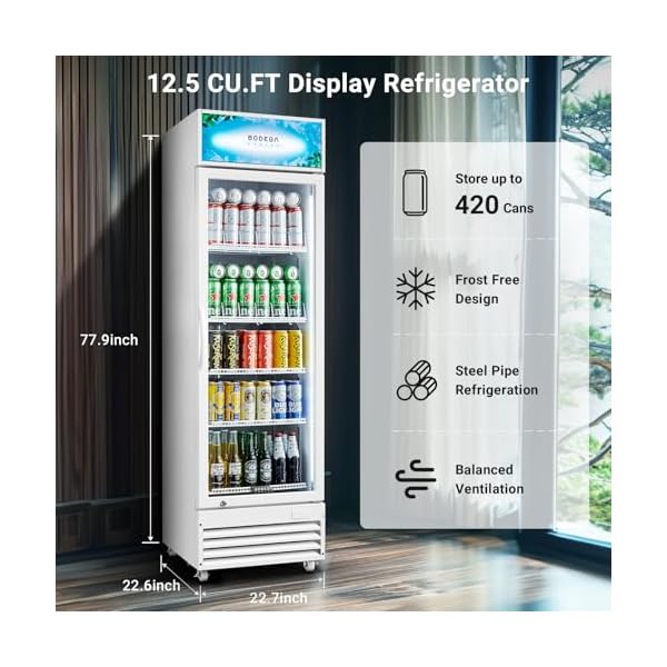   BODEGACOOLER-Commercial-Merchandiser-Refrigerator-125-CuFt-Commercial-Display-RefrigeratorGlass-Door-Display-FridgeLED-LightAdjustable-ShelvesCommercial-Beverage-CoolerWhite