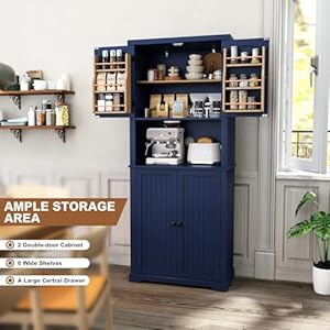 HLR 72 Kitchen Pantry Storage Cabinet Freestanding Larder Cupboard Kitchen Hutch Cabinet with Microwave StandUtility Pantry with Doors and Shelves for Dining Room Living Room