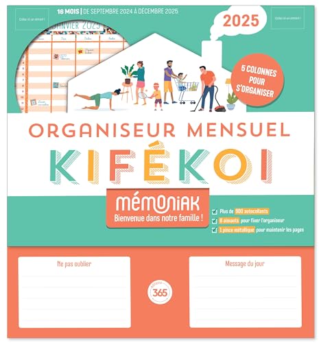 Organiseur Mémoniak Kifékoi, calendrier mensuel en colonnes (sept. 2024- déc. 2025)