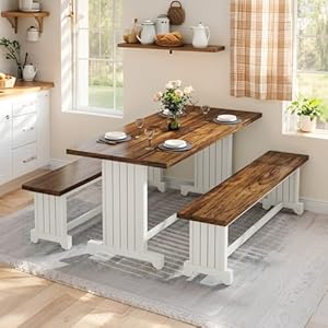 Tribesigns 47 Small Dining Table Set for 2 3 Piece Kitchen Table with 2 Benches Farmhouse Wood Dinner Furniture for Narrow Space Apartment White Rustic Brown