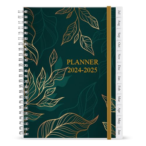 2024-2025 Diary, A5 Weekly Planner with Monthly Tabs, July 2024 - June 2025, Back Pocket, Planner 2024-2025 with Elastic Closure, Flexible Cover, 14.8×21cm, Green