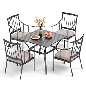   PHI-VILLA-5-Piece-Outdoor-Dining-Set-with-Cushion-37-Square-Metal-Dining-Table-with-Umbrella-Hole-4-Cushioned-Steel-Chairs-for-Patio-Deck-Yard