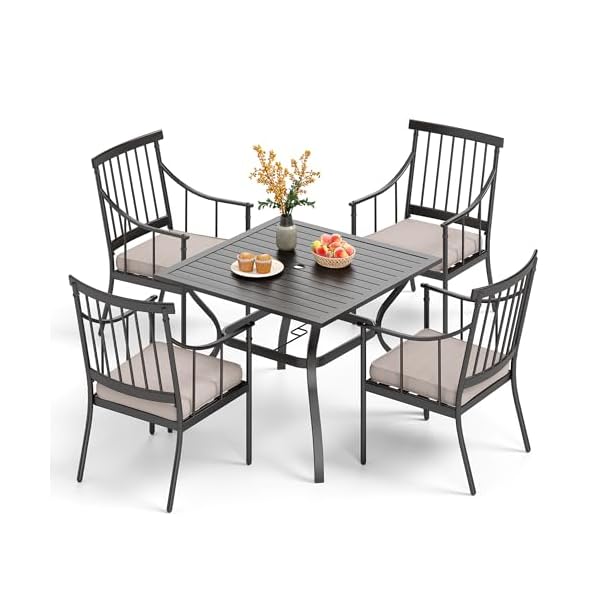   PHI-VILLA-5-Piece-Outdoor-Dining-Set-with-Cushion-37-Square-Metal-Dining-Table-with-Umbrella-Hole-4-Cushioned-Steel-Chairs-for-Patio-Deck-Yard