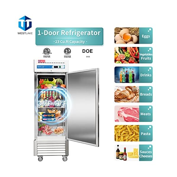   WESTLAKE-27-W-Commercial-Refrigerator-Stainless-Steel-Reach-in-Solid-Single-Door-Upright-Fan-Cooling-23-Cuft-Cooler-for-Restuarant-Bar-Shop-etc