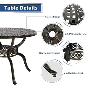 5 Pieces Outdoor Furniture Dining Set All Weather Cast Aluminum Round Patio Table with Umbrella Hole and 4 Cushioned Dining Chairs for Patio Garden Deck Retro Pattern Design
