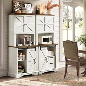   Farmhouse-Pantry-Cabinet-with-Charging-Station-Kitchen-Pantry-with-2-Drawers-Sliding-Barn-Door-Tall-Wooden-Storage-Cabinet-Cupboard-for-Dining-Room-Living-Room-White-and-Walnut