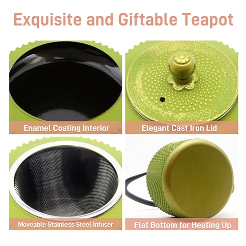 Cast-Iron-Teapot-with-Sunflower-PatternSECHUDO-Tea-Kettle-Coated-with-Enameled-Interior-for-Loose-TeaGreen-Cast-Iron-Teapot-with-Stainless-Steel-Infuser-for-Stovetop-Safe-287oz850ml Cast Iron Teapot with Sunflower PatternSECHUDO Tea Kettle Coated with Enameled Interior for Loose TeaGreen Cast Iron Teapot with Stainless Steel Infuser for Stovetop Safe 287oz850ml