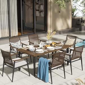  NATURAL-EXPRESSIONS-7-Piece-Patio-Dining-Table-Outdoor-Furniture-Set-6-Rattan-Wicker-Chairs-with-Cushions-and-70-Large-Dining-Table-with-165-Umbrella-Hole-for-Patio-Garden-Porch-Pool-Beige