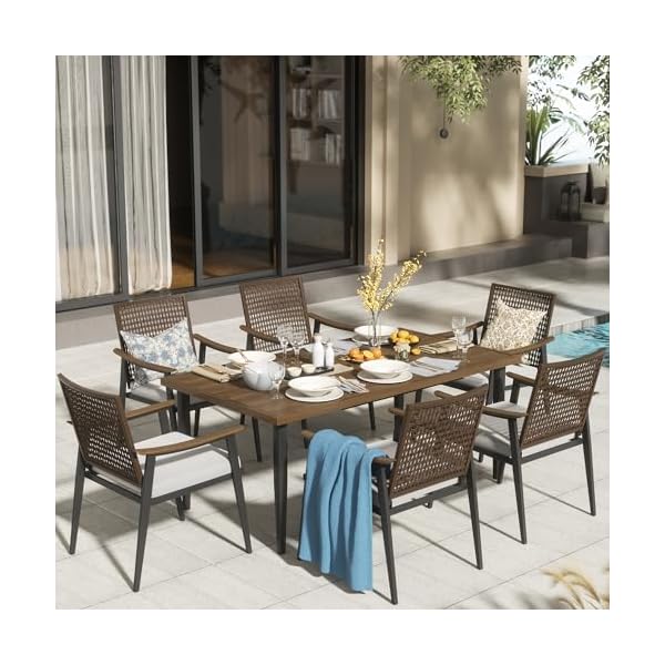   NATURAL-EXPRESSIONS-7-Piece-Patio-Dining-Table-Outdoor-Furniture-Set-6-Rattan-Wicker-Chairs-with-Cushions-and-70-Large-Dining-Table-with-165-Umbrella-Hole-for-Patio-Garden-Porch-Pool-Beige