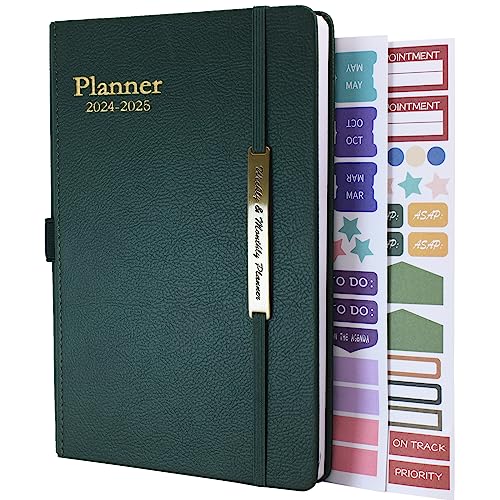 Diary 2024-2025 - 18 Month Mid Year Diary from Jul. 2024 to Dec.2025, A5 Week to View Diary, Weekly & Monthly Planner with Leather Cover, Pen Loop, Inner Pocket (Green)