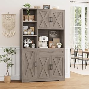   HOSTACK-71-Tall-Kitchen-Pantry-Storage-Cabinet-Farmhouse-Food-Pantry-Cabinet-with-Microwave-Stand-Barn-Doors-Kitchen-Hutch-Cabinet-with-Large-Drawer-and-Shelves-for-Dining-Room-Ash-Grey