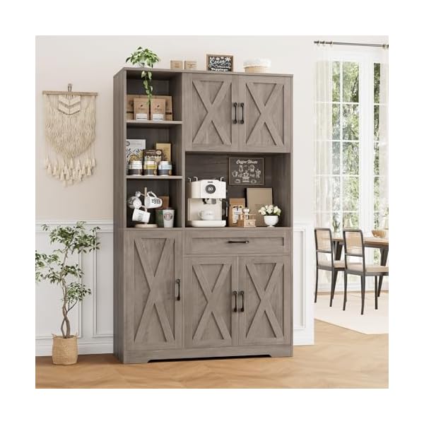   HOSTACK-71-Tall-Kitchen-Pantry-Storage-Cabinet-Farmhouse-Food-Pantry-Cabinet-with-Microwave-Stand-Barn-Doors-Kitchen-Hutch-Cabinet-with-Large-Drawer-and-Shelves-for-Dining-Room-Ash-Grey