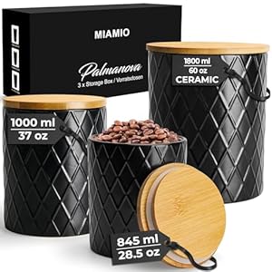 MIAMIO–Set of 3 Canister Sets for Kitchen Counter Ceramic Kitchen Canister Set with Airtight Seal Wooden Lid Perfect for Coffee Tea Sugar Flour Tea Salt and More Black