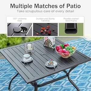 PHI VILLA 5 Pcs Patio Dining Set with Umbrella Orange Red Outdoor Table and Chairs Set with Folding Patio Chairs Adjustable Square Metal Dining Table for Yard Garden and Deck