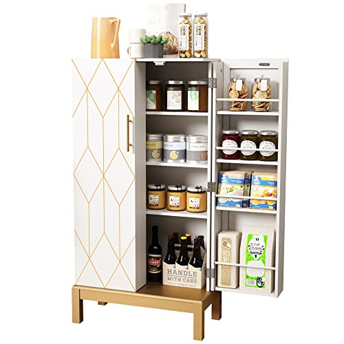 45-Storage-Cabinet-with-Doors-and-Adjustable-ShelvesFood-Pantry-Cabinet-for-KitchenDining-RoomLiving-Room-and-GarageGold-Lines-and-Legs-White 45 Storage Cabinet with Doors and Adjustable ShelvesFood Pantry Cabinet for KitchenDining RoomLiving Room and GarageGold Lines and Legs White