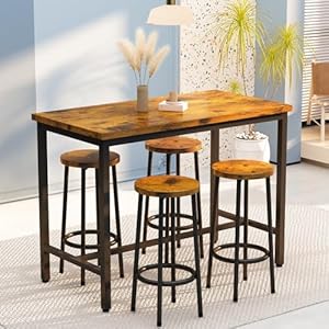 AWQM Bar Table and Chairs Set Industrial Counter Height Pub Table with 4 Chairs Bar Table Set 5 Pieces Dining Table Set Home Kitchen Breakfast Table Rustic Brown