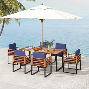 Tangkula 7 Piece Patio Dining Set Acacia Wood Dining Chair Table Set 69 Spacious Tabletop with Umbrella Hole Heavy Duty Metal Support Dining Set for Backyard Poolside